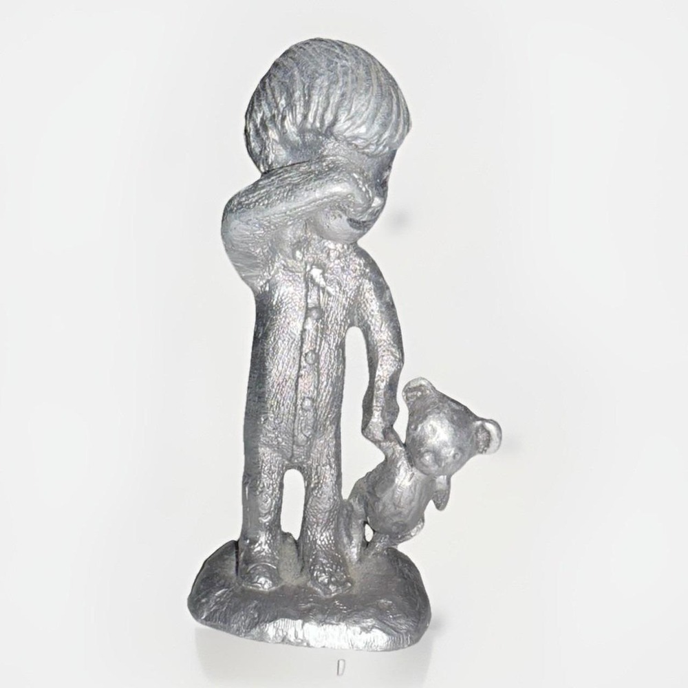 Handcrafted Pewter Sleepy Boy with Teddy Bear Figurine Silver Metal Sculpture